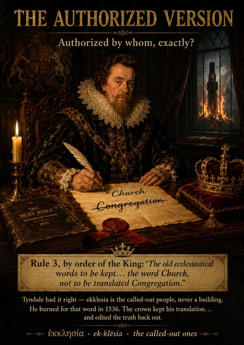 The Authorized Version — King James at his desk in 1611, striking through the word 'Congregation' and writing 'Church' above it, with William Tyndale burning at the stake seen through the window (Rule 3 of the royal translation instructions; ekklesia = the called-out people)
