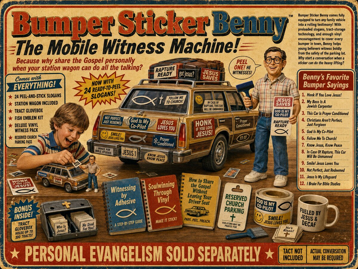 Bumper Sticker Benny — The Mobile Witness Machine (a vintage toy-ad parody)