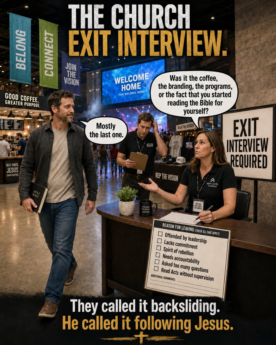 The Church Exit Interview — a man with a Bible under his arm walks out of a megachurch lobby past a 'Reason for Leaving' checklist that includes 'Asked too many questions' and 'Read Acts without supervision'; the greeter asks if it was the coffee, the branding, or that he started reading the Bible for himself, and he answers 'Mostly the last one.'