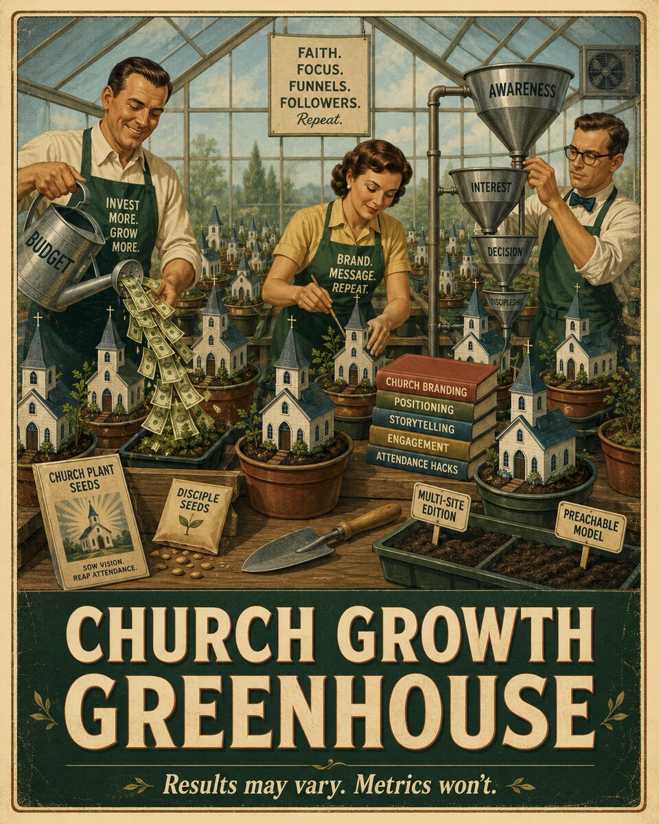Church Growth Greenhouse — sow vision, reap attendance (a vintage seed-catalog parody)