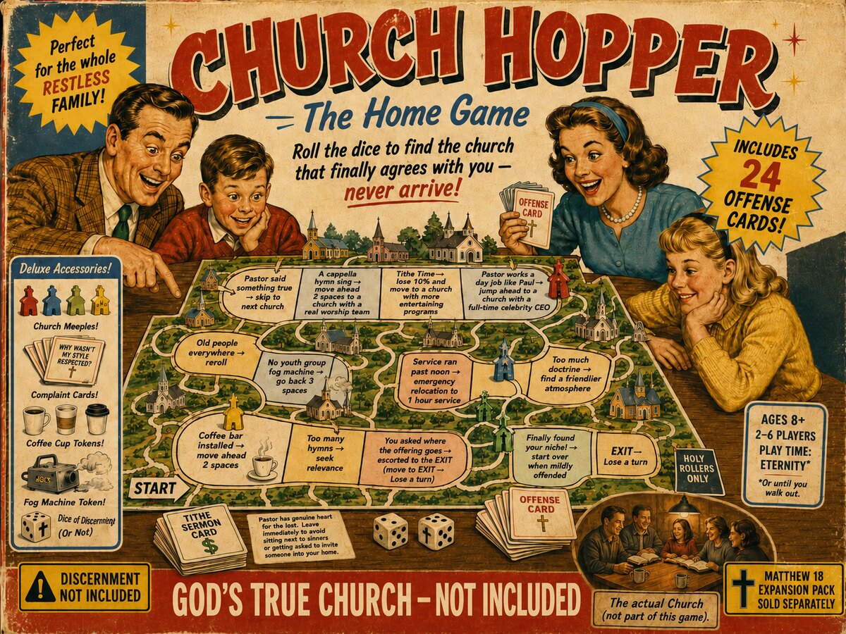 Church Hopper: The Home Game — 'Roll the dice to find the church that finally agrees with you — never arrive!' A vintage board-game-box parody; the fine print reads 'God's True Church — Not Included' and 'Discernment Not Included.'