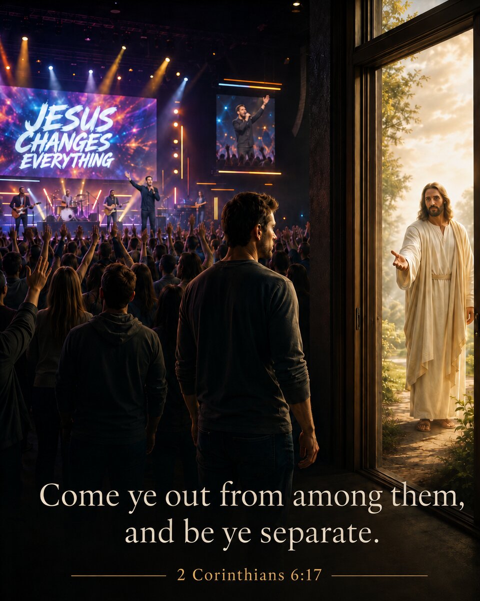 Come Out From Among Them — a man turns from a concert-style church service toward Christ, who stands in the light at an open door (2 Corinthians 6:17)