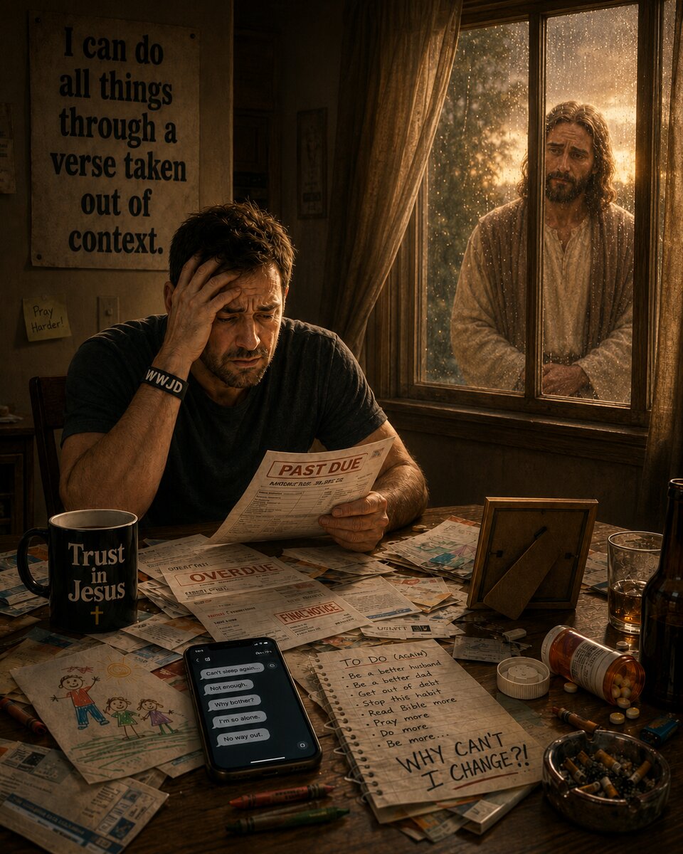 I Can Do All Things — a man buried in overdue bills and self-improvement to-do lists under a poster reading 'I can do all things through a verse taken out of context,' while Christ waits outside the window in the rain