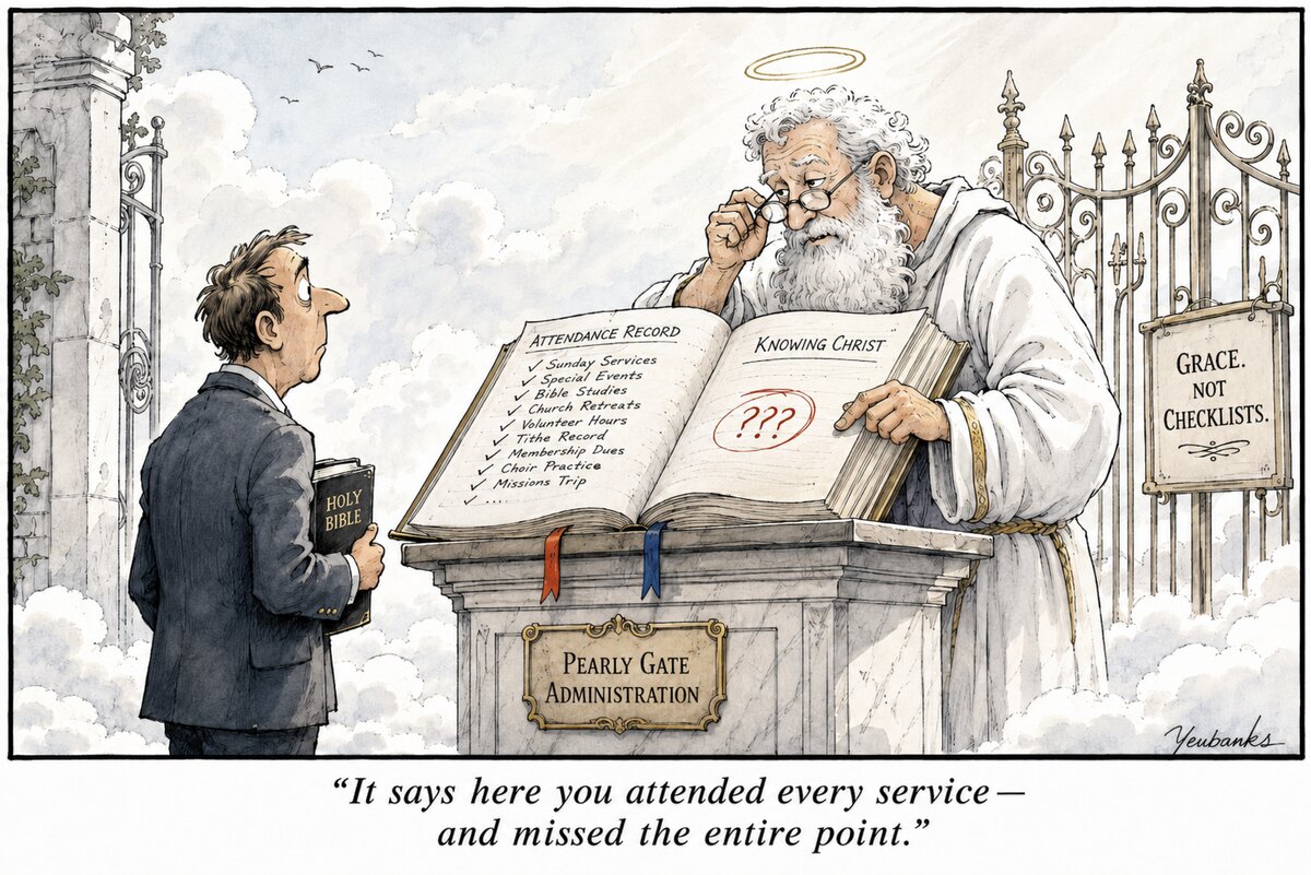 Missed the Point — a New Yorker-style cartoon of a man at the pearly gates while St. Peter reads a ledger: the 'Attendance Record' page is all checkmarks (Sunday services, tithe record, choir practice...) but the 'Knowing Christ' page holds a big red question mark, beside a placard reading 'Grace. Not Checklists.'