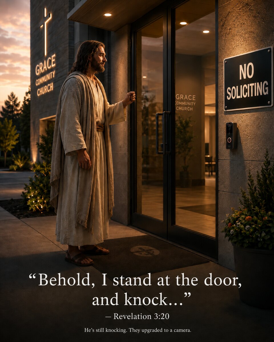 No Soliciting — Jesus stands at the glass front doors of 'Grace Community Church' at dusk, knocking, beside a 'NO SOLICITING' sign and a video doorbell camera (Revelation 3:20)