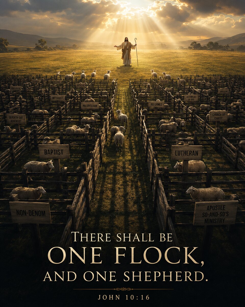 One Flock, One Shepherd — sheep penned in separate denominational folds (Baptist, Methodist, Lutheran, and more) while a few leave the pens to walk the center path toward the Shepherd (John 10:16)