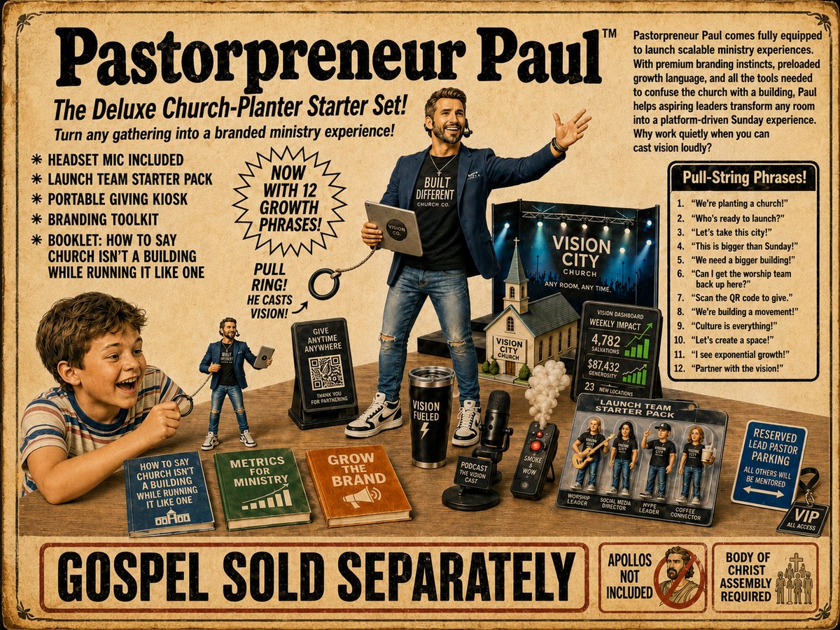 Pastorpreneur Paul — The Deluxe Church-Planter Starter Set (a vintage toy-ad parody)