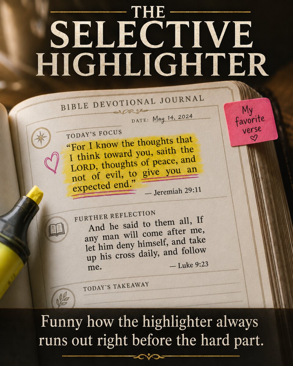 The Selective Highlighter — a devotional journal page where Jeremiah 29:11 is drowned in yellow highlighter, hearts, and a 'my favorite verse' sticky note, while Luke 9:23 ('deny himself, and take up his cross') sits right below it completely unmarked