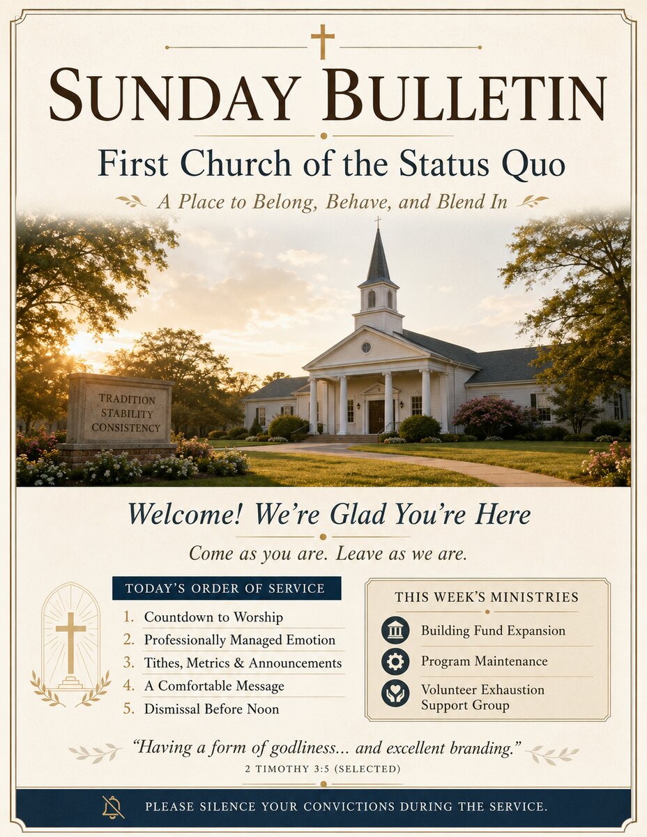 Sunday Bulletin — First Church of the Status Quo, 'A Place to Belong, Behave, and Blend In' (a deadpan church-bulletin parody, 2 Timothy 3:5)