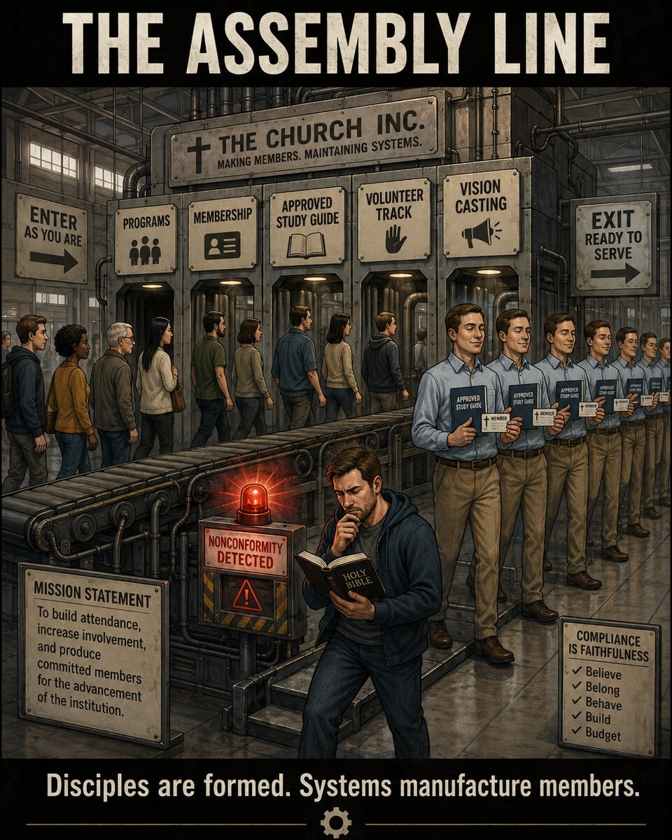 The Assembly Line — 'The Church Inc.' factory conveyor turns a diverse line of people into identical uniformed members holding 'Approved Study Guide' books, while one man who stepped off the line to read his Bible trips a 'Nonconformity Detected' alarm; signs read 'Compliance Is Faithfulness' and 'Disciples are formed. Systems manufacture members.'