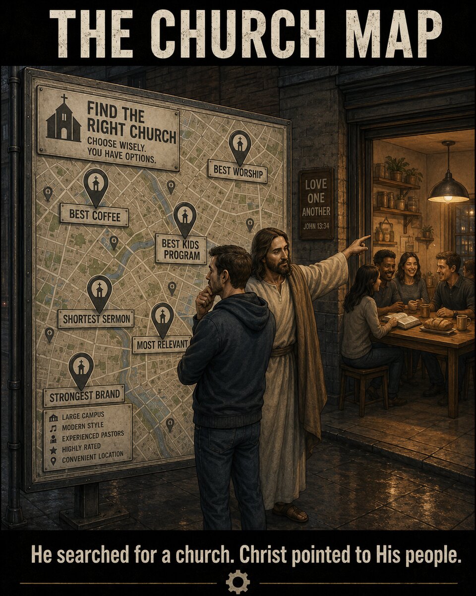 The Church Map — a man studies a 'Find the Right Church' map board pinned with Best Worship, Best Coffee, Shortest Sermon, and Strongest Brand, while Christ stands beside him pointing away from the map toward a small group breaking bread together at a table, beneath a 'Love One Another — John 13:34' sign