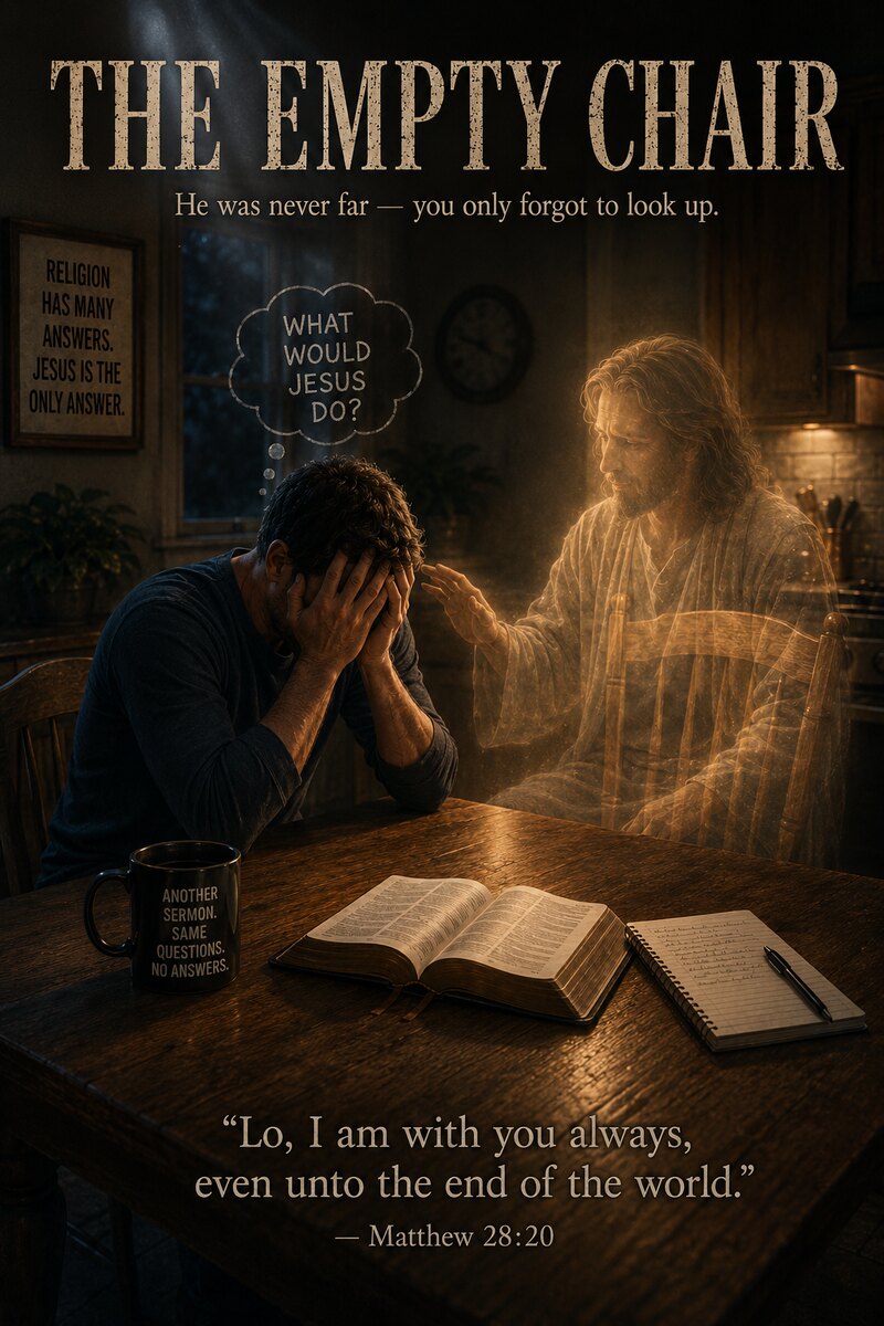 The Empty Chair — a grieving man sits with his head in his hands while Christ, rendered as a translucent presence of light, sits in the chair beside him with a hand reaching toward his shoulder (Matthew 28:20)