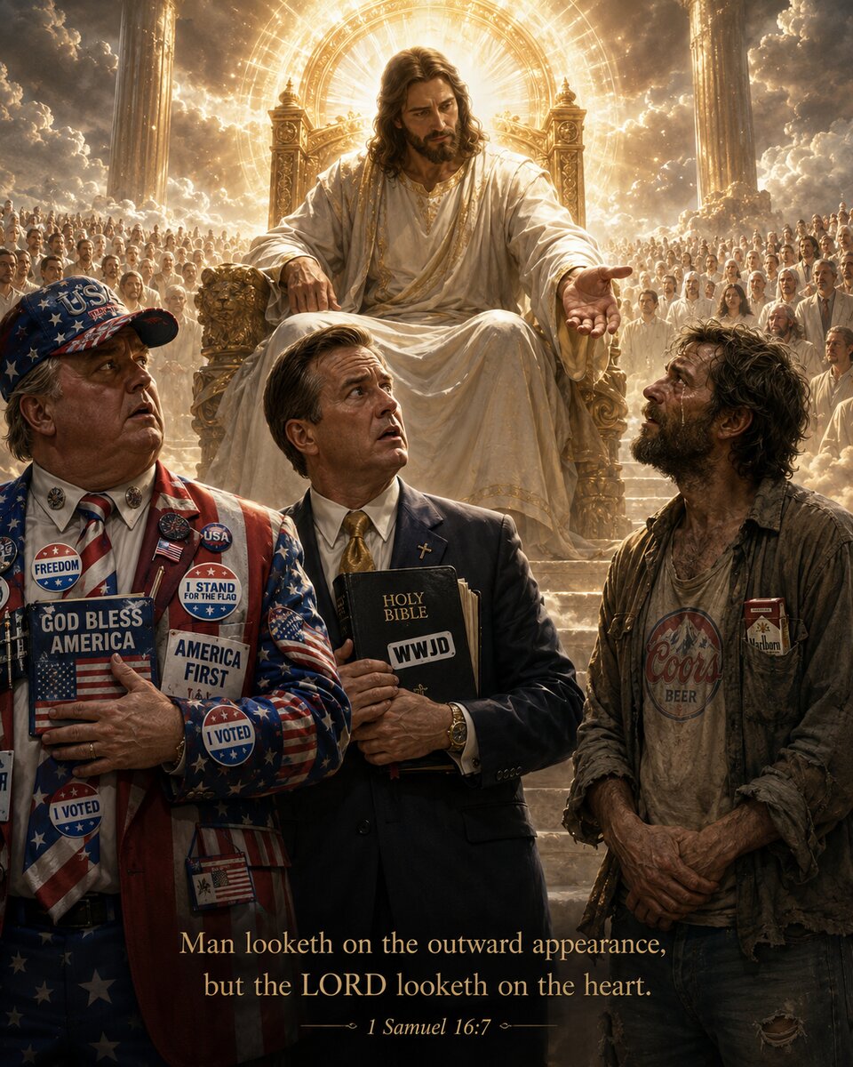 The Lord Looks on the Heart — a flag-draped patriot, a polished churchman with a WWJD Bible, and a broken, weeping man standing before Christ enthroned (1 Samuel 16:7)