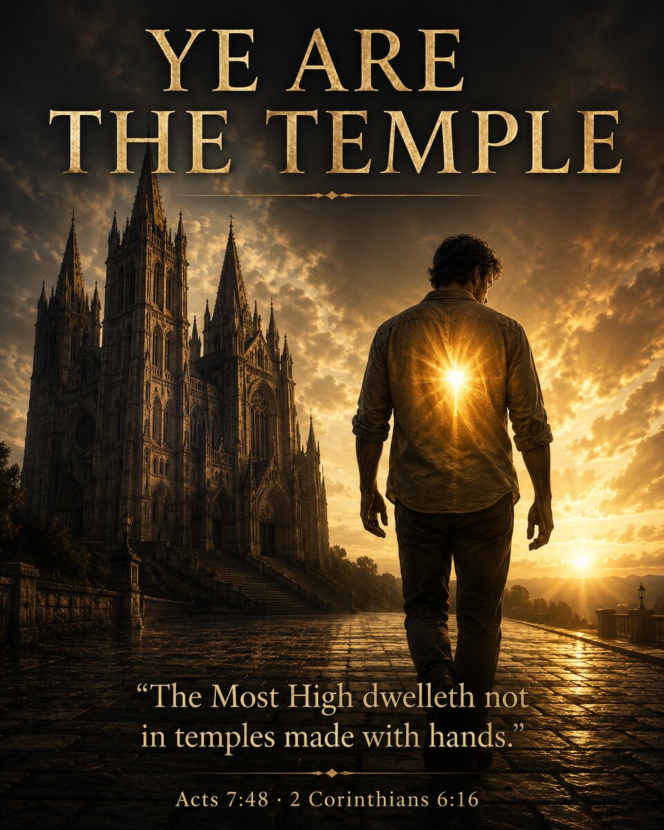 Ye Are the Temple — a man walks away from a grand, shadowed cathedral toward the sunrise, the light of Christ shining out from within his own chest (Acts 7:48; 2 Corinthians 6:16)