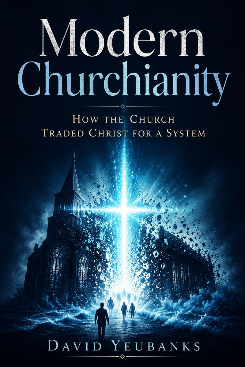 Modern Churchianity: How the Church Traded Christ for a System — by David Yeubanks. A luminous cross of light breaks through a dissolving church building as people walk out toward it.