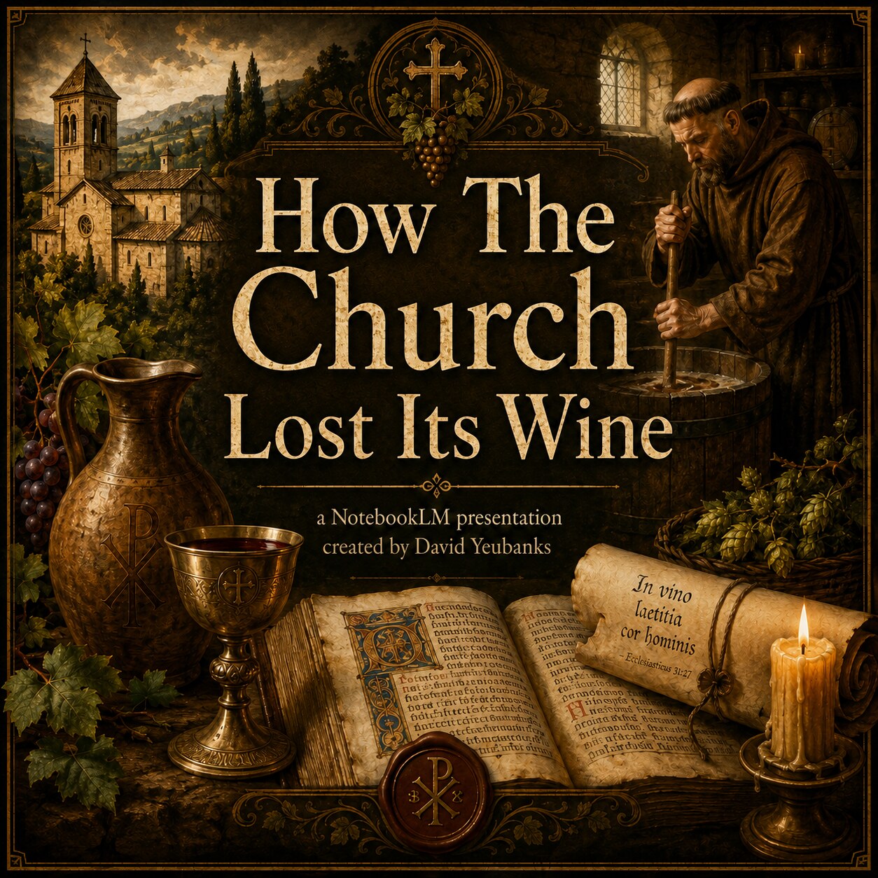 How The Church Lost Its Wine — cover art: a medieval monastery, a monk treading wine, a golden chalice, an illuminated manuscript, and a candle.
